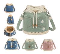 Denim Crochet Bucket Bag, Denim hand crocheted drawstring Crossbody Bag,Handmade Crochet Jean Tote with Daisy Embroidery，Sage Green