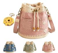 Denim Crochet Bucket Bag, Drawstring Crossbody Handmade Crochet Jean Tote Adjustable Strap for Travel, Shopping, Beach & Daily Use (Pink)