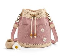 Denim Crochet Bucket Bag - Drawstring Crossbody Purse with Pockets, Adjustable Strap,Women Vintage Hobo Handbag (PINK)