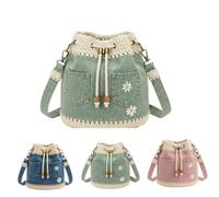 Denim Crochet Bucket Bag,Handmade Crochet Jean Tote,Casual Vintage Drawstring Crossbody Purse with Daisy Embroidery， Cyan
