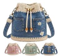 Denim Crochet Bucket Bag,Handmade Crochet Jean Tote,Casual Vintage Drawstring Crossbody Purse with Daisy Embroidery，Blue
