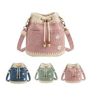 Denim Crochet Bucket Bag,Handmade Crochet Jean Tote,Casual Vintage Drawstring Crossbody Purse with Daisy Embroidery， Pink
