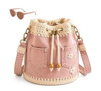 Denim Crochet Bucket Bag,Handmade Crochet Jean Tote with Daisy Embroidery,Casual Vintage Embroidered Drawstring Crossbody Bag