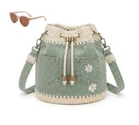 Denim Crochet Bucket Bag,Handmade Crochet Jean Tote with Daisy Embroidery,Casual Vintage Embroidered Drawstring Crossbody Bag
