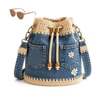 Denim Crochet Bucket Bag,Handmade Crochet Jean Tote with Daisy Embroidery,Casual Vintage Embroidered Drawstring Crossbody Bag