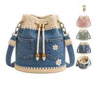 Denim Crochet Bucket Bag,Handmade Crochet Jean Tote with Embroidery，Blue