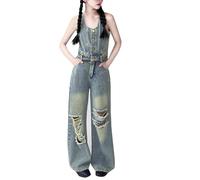 Denim Dungarees for Girls Ripped Wide Leg Baggy Jeans Overalls with Pockets Kids Adjustable Straps Distressed Denim Jumpsuit Teen Summer Relaxed Fit Romper for School Holiday