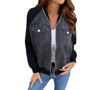 Denim Jackets for Women Trendy Vintage Patchwork Varsity Denim Jacket Zip Up Bomber Jean Coat Trendy Clothes Black Small