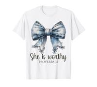 Denim She is Worthy Bow Proverbs Coquette Christian Women Camiseta