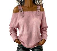 Denim Shirt Women Cold Off Shoulder Tops Casual Washed Long Buckle Straps Off The Shoulder Blouse Loose Jean Shirts (Pink,3XL)