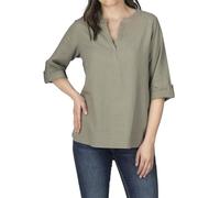DENIMFY Blusa de lino para mujer, corte regular, manga 3/4, cuello en V, parte superior, blusa de lino, blusa de túnica, camiseta básica, color blanco, beige, verde, S, M, L, XL, XXL, Oliva lavada., M