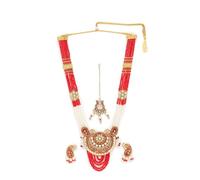 DENMOUS Juego de joyas Meenakari con perlas rojas y blancas y piedras de ónix tachonadas con Maang Tika-DMZ-2997, S, Latón