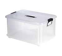 Denox | Caja Jumbo Almacenaje con Tapa | Apilable | Asas Laterales para Fácil Transporte | Sistema de Cierre Hermético | Capacidad 30L | Color Transparente | Medidas (mm): 485 x 335 x 260