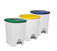 Denox Cubo con Pedal Pedalbin Ecológico 40L - Lote de 3 unidades (Amarillo, Verde y Azul). Separación de Residuos con 1 o 2 Bolsas. Fácil Limpieza y Tapa con Pedal