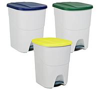 Denox PK3328 Pack Reciclaje Pedalbin Ecológico 40 litros c/u: 120 litros totales, en 3 contenedores, en Colores Azul/Verde/Amarillo