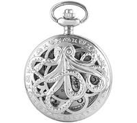 Dentily Reloj de bolsillo vintage de cuarzo hueco con pulpo steampunk, reloj de bolsillo negro con collar y cadena de regalo, CF1173-plata, reloj de bolsillo