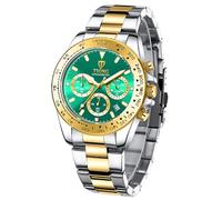 Dentily Reloj de cuarzo para hombre, de acero inoxidable, cronógrafo, impermeable, para negocios, para hombre, Dorado y Verde