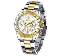 Dentily Reloj de cuarzo para hombre, de acero inoxidable, cronógrafo, impermeable, para negocios, para hombre, Dorado y blanco, Relojes para hombre