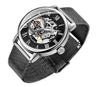 Dentily Reloj de esqueleto clásico para hombre con números romanos Steampunk, reloj mecánico de cuerda manual para hombre (azul), negro y plateado, Reloj esqueleto, mecánico