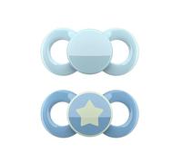Dentistar® Day & Night Juego de 2 chupetes anatómicos - Talla 1, 0-6 meses - Chupete ortodóntico que cuida dientes y encías - Chupete de silicona - Azul y azul con estrella