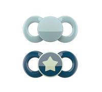 Dentistar® Day & Night Juego de 2 chupetes anatómicos - Talla 2, 6-14 meses - Chupete ortodóntico que cuida dientes y encías - Chupete de silicona - Turquesa y azul con estrella