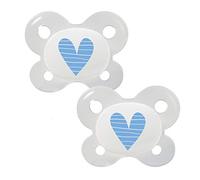 dentistar Juego de 2 chupetes anatómicos de silicona con tapa - Talla 0, 0-2 meses - Chupete ortodóntico que cuida los dientes, con desnivel dental - Sin BPA - Azul con corazón