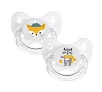 Dentistar Juego de 2 chupetes de silicona - Talla 2, 6-14 meses - Chupete ortodóntico que cuida los dientes, con desnivel dental - Sin BPA - Zorro y Mapache