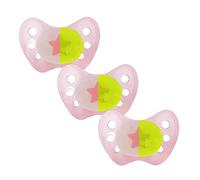 Dentistar® Night Juego de 3 chupetes nocturnos de látex - Talla 2, para 6-14 meses - Chupete luminoso ortodóntico que cuida los dientes - Rosa con estrellas
