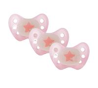 Dentistar® Night Juego de 3 chupetes nocturnos de silicona - Talla 3, desde 14 meses - Chupete luminoso ortodóntico que cuida los dientes - Rosa con estrellas