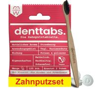 Denttabs Juego de cepillos de dientes - Pastillas de fresa con fluoruro 125 unidades + cepillo de dientes de bambú ultrasuave