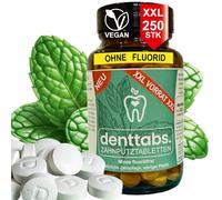 denttabs Pastillas de pasta de dientes de menta sin flúor en tarro de almacenamiento XXL, 250 pastillas, suficiente para 4 meses de cuidado dental natural. La alternativa completa a la pasta de