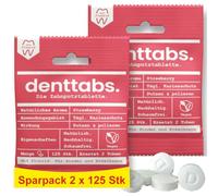 Denttabs Pastillas para cepillo de dientes con sabor a fresa, 2 x 125 unidades, la alternativa completa a la pasta de dientes, sin flúor para niños y adultos, vegano, sin plástico, sin conservantes,