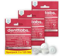 Denttabs Pastillas para cepillo de dientes con sabor a fresa, 3 x 125 unidades, la alternativa completa a la pasta de dientes, sin flúor para niños y adultos, vegano, sin plástico, sin conservantes