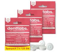 Denttabs Pastillas para cepillo de dientes con sabor a fresa, 3 x 125 unidades, la alternativa completa a la pasta de dientes, con contenido de fluoruro adaptado para niños, vegano, sin plástico, sin