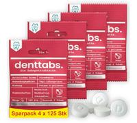 Denttabs Pastillas para cepillo de dientes con sabor a fresa, 4 x 125 unidades, la alternativa completa a la pasta de dientes, sin flúor para niños y adultos, vegano, sin plástico, sin conservantes