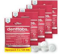Denttabs Pastillas para cepillo de dientes con sabor a fresa, 5 x 125 unidades, la alternativa completa a la pasta de dientes, sin flúor para niños y adultos, vegano, sin plástico, sin conservantes