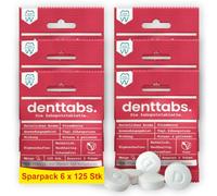 Denttabs Pastillas para cepillo de dientes con sabor a fresa, 6 x 125 unidades, la alternativa completa a la pasta de dientes, sin flúor para niños y adultos, vegano, sin plástico, sin conservantes