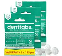 Denttabs Pastillas para cepillos de dientes, la alternativa completa a la pasta de dientes, 3 x 125 unidades durante 6 meses. Sin flúor de menta, sin plástico vegano, sin conservantes, en bolsa