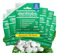 DENTTABS Pastillas para cepillos de dientes sin flúor, 6 x 125 unidades | Sin flúor, pulido liso con celulosa, sin tubo de plástico, sin conservantes, vegano