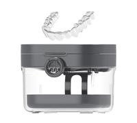 Denture Soaking Container, Denture Bath Container, Built-In Mirror Design, Protective Cleaning Tool Set, Leakproof Perfect for Teen Girl, Boy Child Elderly Travel Night Guard, 9.2x7.1x9.6cm White Gray
