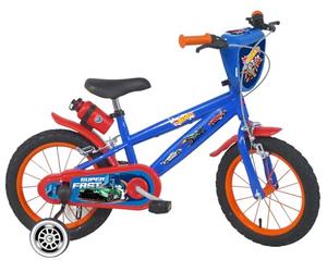 Denver Bike - Bicicleta infantil de 14 pulgadas con licencia Hot Wheels, 3-5 años, ruedas extraíbles, frenos Caliper delantero/trasero, cuadro de acero, ruedas inflables, botella y escudo