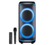 Denver BPS-470 - Altavoz Bluetooth para fiestas (2000 W, con luz LED RGB, 2 woofer de 10 pulgadas, micrófono y mando a distancia, emparejamiento estéreo TWS, AUX/USB/MicroSD, IPX4, batería de 6000 mAh