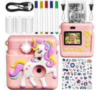 Denver Cámara de Fotos Instantánea Infantil con Impresora, Rosa | Pantalla 2 pulgadas, CMOS 2 MP, hasta 20 MP/1080p, 4 juegos, 3 rollos, batería 1200 mAh y MicroSD hasta 128 GB