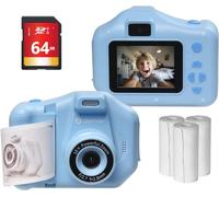 Denver Cámara instantánea para niños con papel fotográfico 150, tarjeta SD de 64 GB, zoom 10x, vídeo HD 1440p, 4 juegos, lente selfie y marco de dibujos animados recargable azul