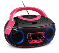 Denver Reproductor CD Portátil con Bluetooth, USB y Radio FM, Rosa | Reproductor CD portátil: Bluetooth, FM, USB-MP3, AUX, auriculares, LED, 2 × 2 W RMS y corriente o pilas
