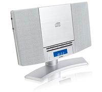 Denver Reproductor de CD de radio con altavoces, soporte de pared o de escritorio, reloj despertador pequeño operado por red eléctrica, reproductor de CD de audio para el hogar con mando a distancia