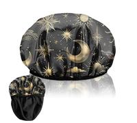 Deokke Gorro de ducha de lujo, con forro de rizo, elástico, de triple capa, impermeable, reutilizable, para cabello seco, estético, lindo para mujeres y niñas, sol y luna