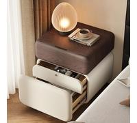 DEOPXF Mesita De Noche De Madera Maciza con Cuero Ecológico Resistente Al Desgaste Y A La Suciedad Duradera Cajón con Desbloqueo por Huella Digital(Walnut+Off White,B35x40x50cm)