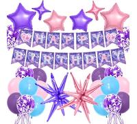 Deorfuy Decoraciones de fiesta rosa y morado, 30 pancartas mágicas con temática musical con globos, suministros de decoración de cinta morada de feliz cumpleaños