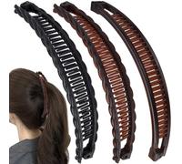 Deozu 3 pinzas para el pelo de plátano, pinzas dobles clásicas grandes, pinzas antideslizantes para el cabello, accesorios grandes para el cabello para mujeres (negro, marrón y marrón brillante)